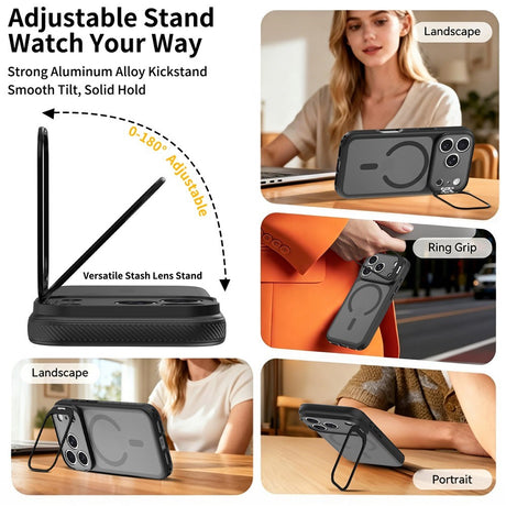 iPhone 18 Pro / 17 Pro Hybrid Plastic Case w. Shock-Absorbing Edges & Kickstand - MagSafe Compatible - Black