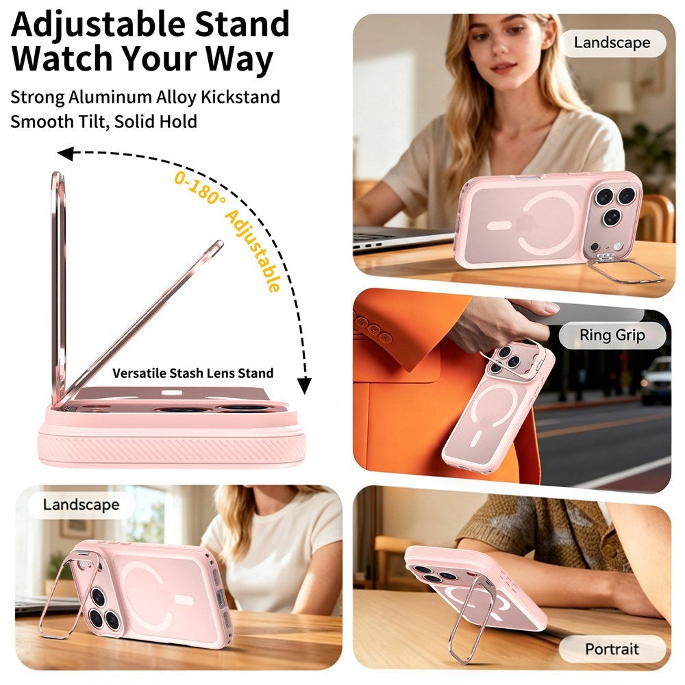 iPhone 18 Pro / 17 Pro Hybrid Plastic Case w. Shock-Absorbing Edges & Kickstand - MagSafe Compatible - Pink