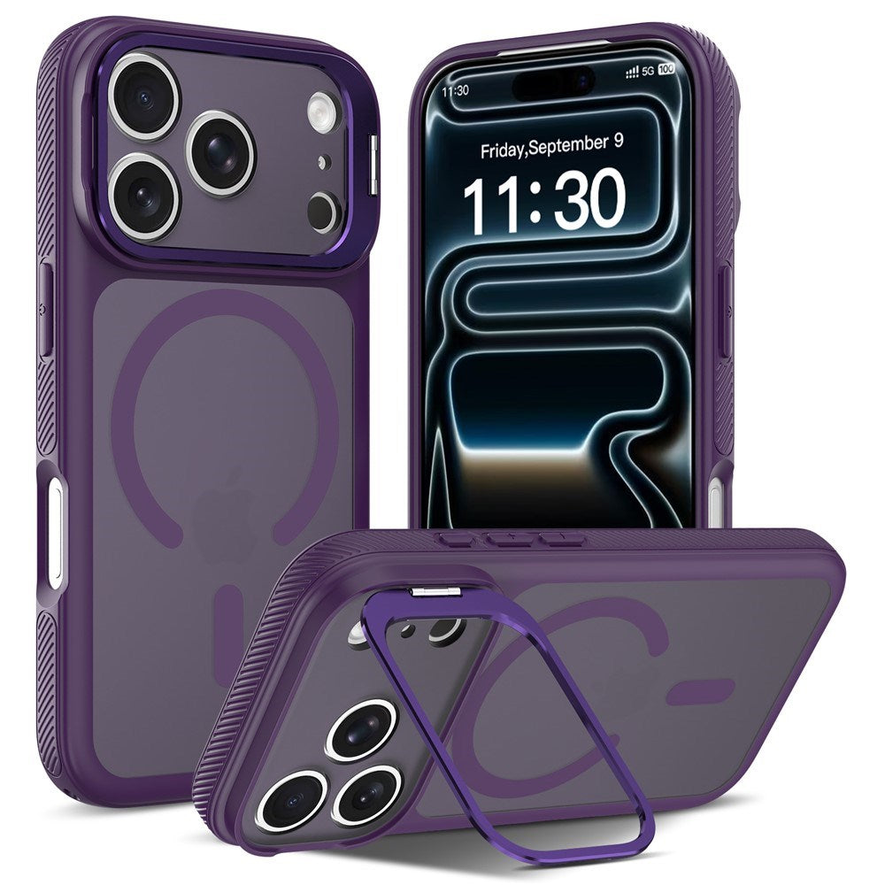 iPhone 18 Pro / 17 Pro Hybrid Plastic Case w. Shock-Absorbing Edges & Kickstand - MagSafe Compatible - Purple