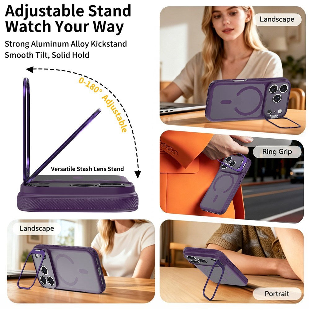 iPhone 18 Pro / 17 Pro Hybrid Plastic Case w. Shock-Absorbing Edges & Kickstand - MagSafe Compatible - Purple