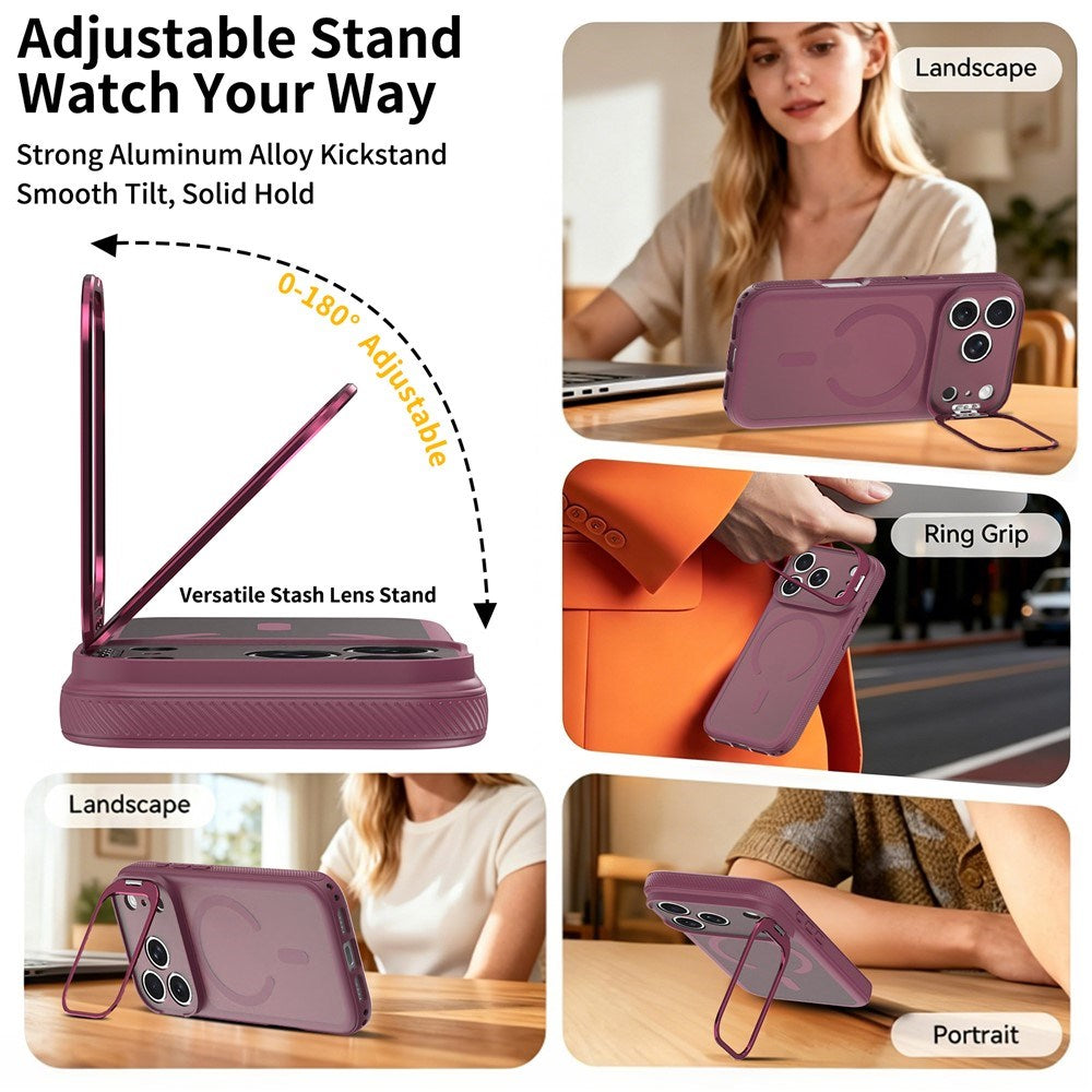 iPhone 18 Pro / 17 Pro Hybrid Plastic Case w. Shock-Absorbing Edges & Kickstand - MagSafe Compatible - Red