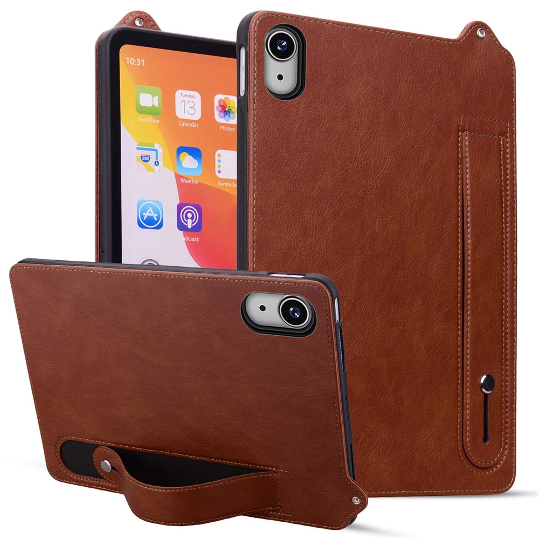 iPad Mini (2026) 8th Gen. EIDERWOOD Faux Leather Back Case with Strap Kickstand - Brown
