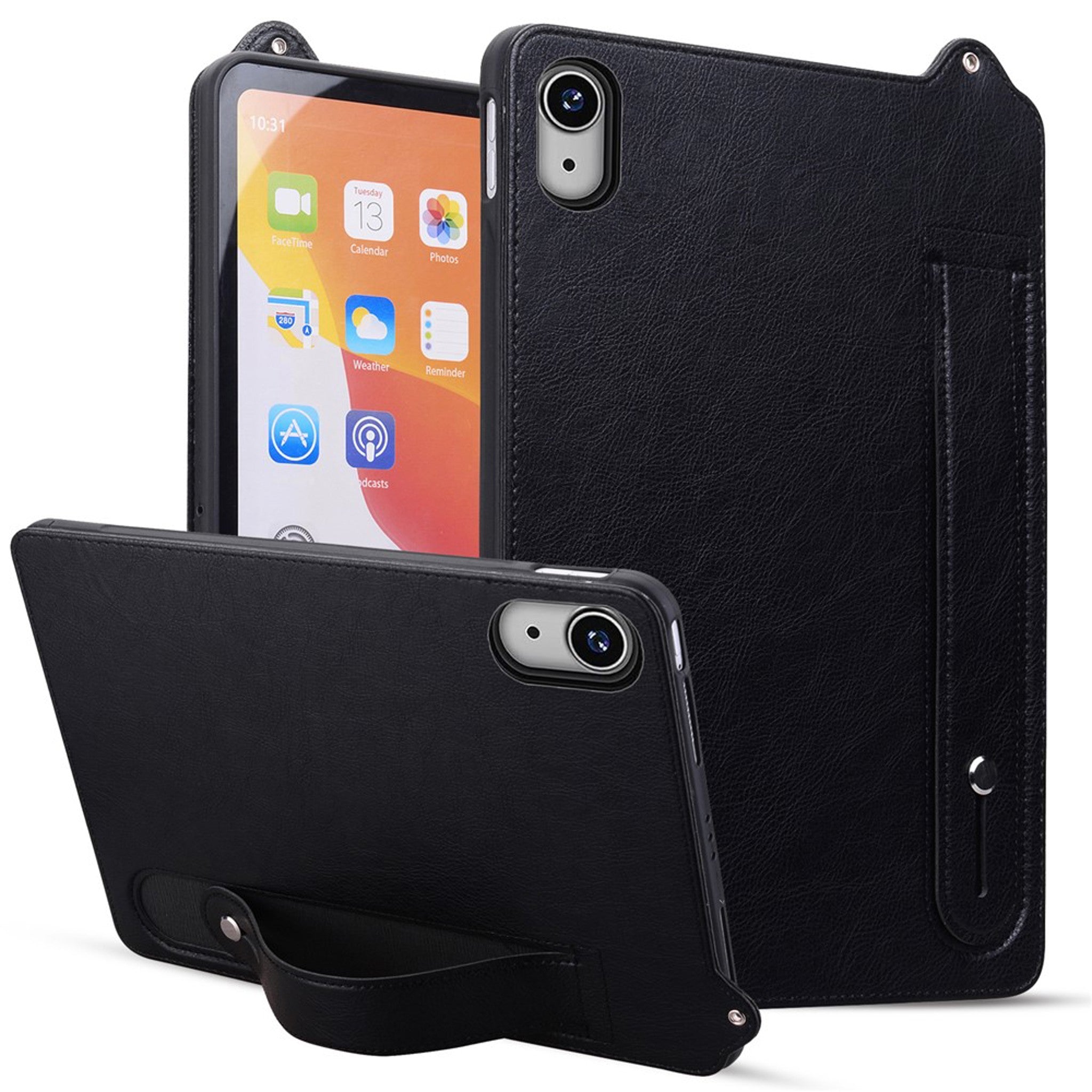 iPad Mini (2026) 8th Gen. EIDERWOOD Faux Leather Back Case with Strap Kickstand - Black