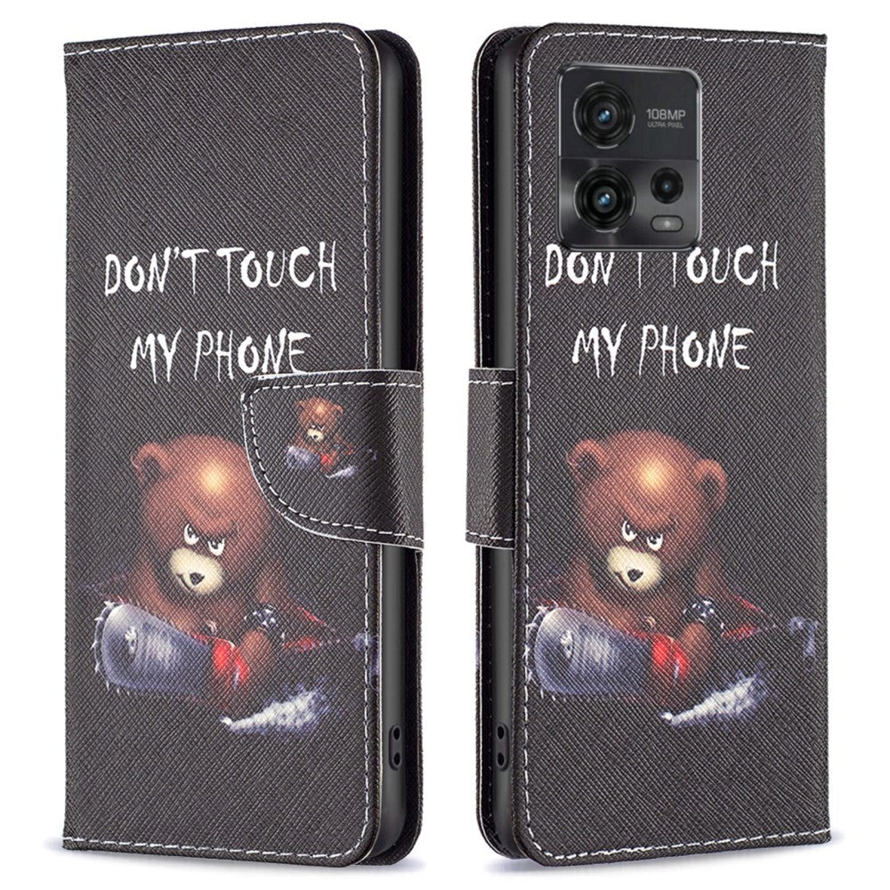 Motorola Moto G72 Leather Case w. Wallet - "DON'T TOUCH MY PHONE" / Bear