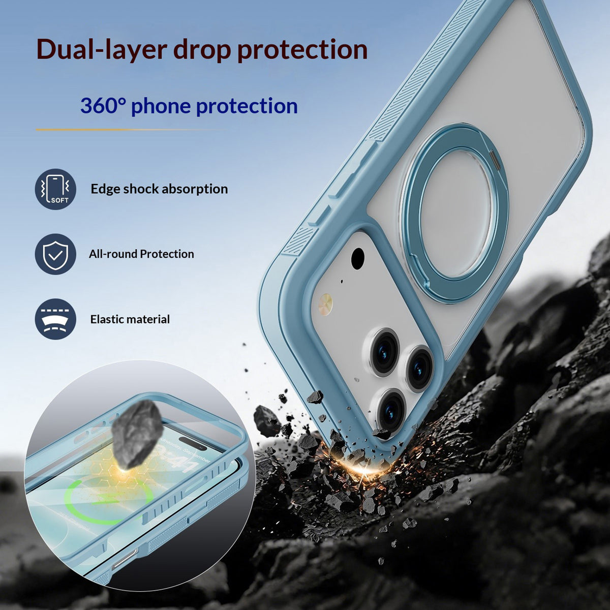 iPhone 18 Pro Max / 17 Pro Max EIDERWOOD Case with Screen Protector and Stand Function - MagSafe Compatible - Blue / Transparent