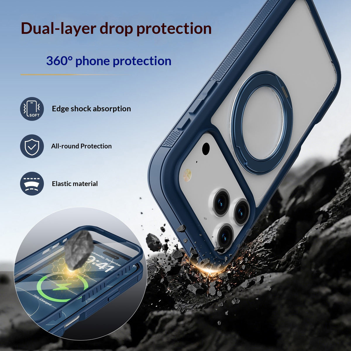 iPhone 18 Pro Max / 17 Pro Max EIDERWOOD Case with Screen Protector and Stand Function - MagSafe Compatible - Blue / Transparent