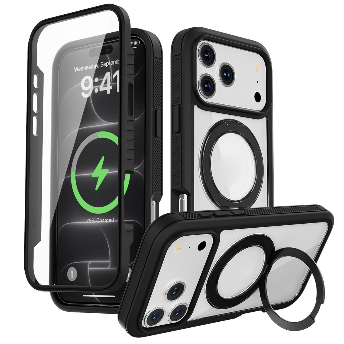 iPhone 18 Pro / 17 Pro EIDERWOOD Case with Screen Protector and Stand Function - MagSafe Compatible - Black / Transparent