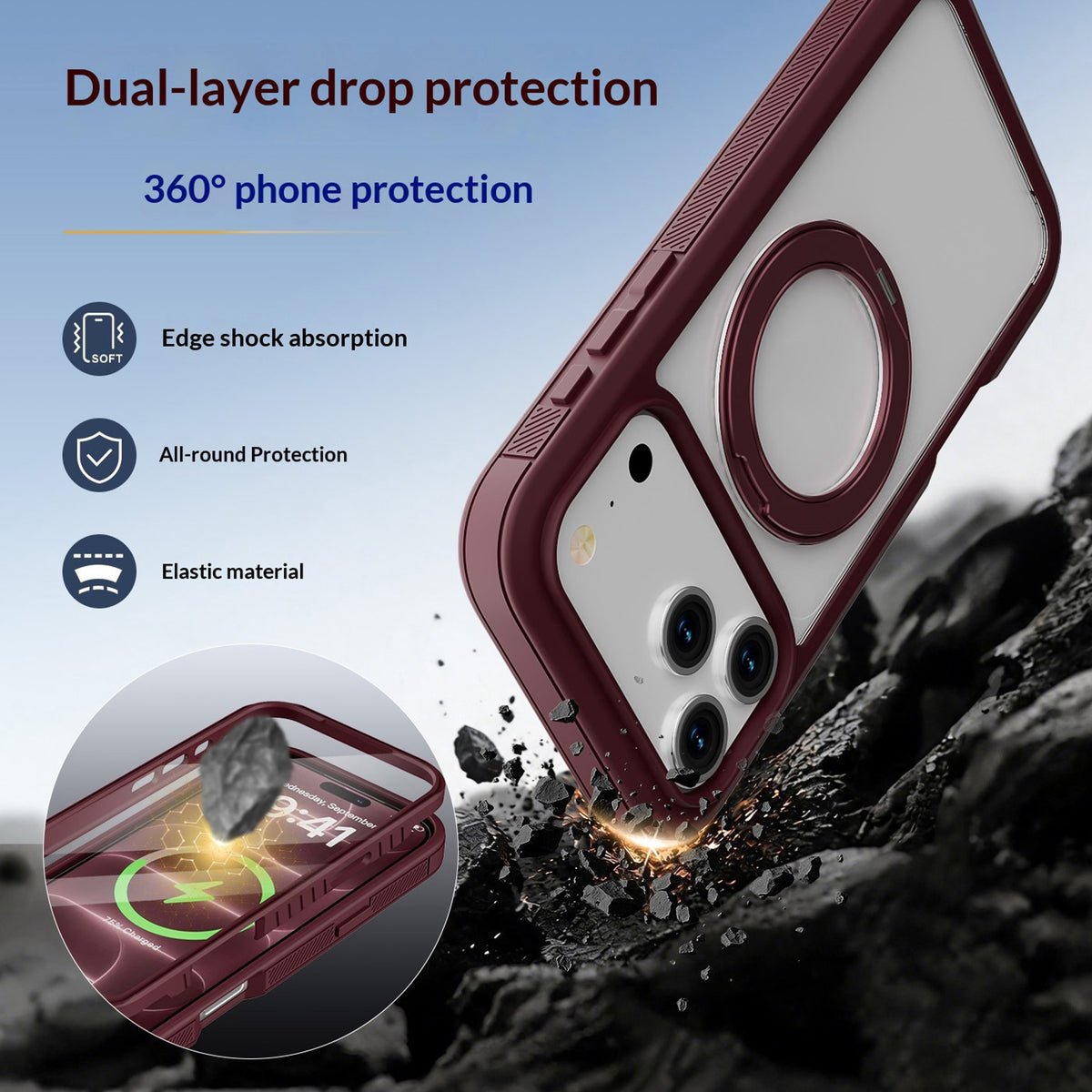 iPhone 18 Pro / 17 Pro EIDERWOOD Case with Screen Protector and Stand Function - MagSafe Compatible - Red / Transparent
