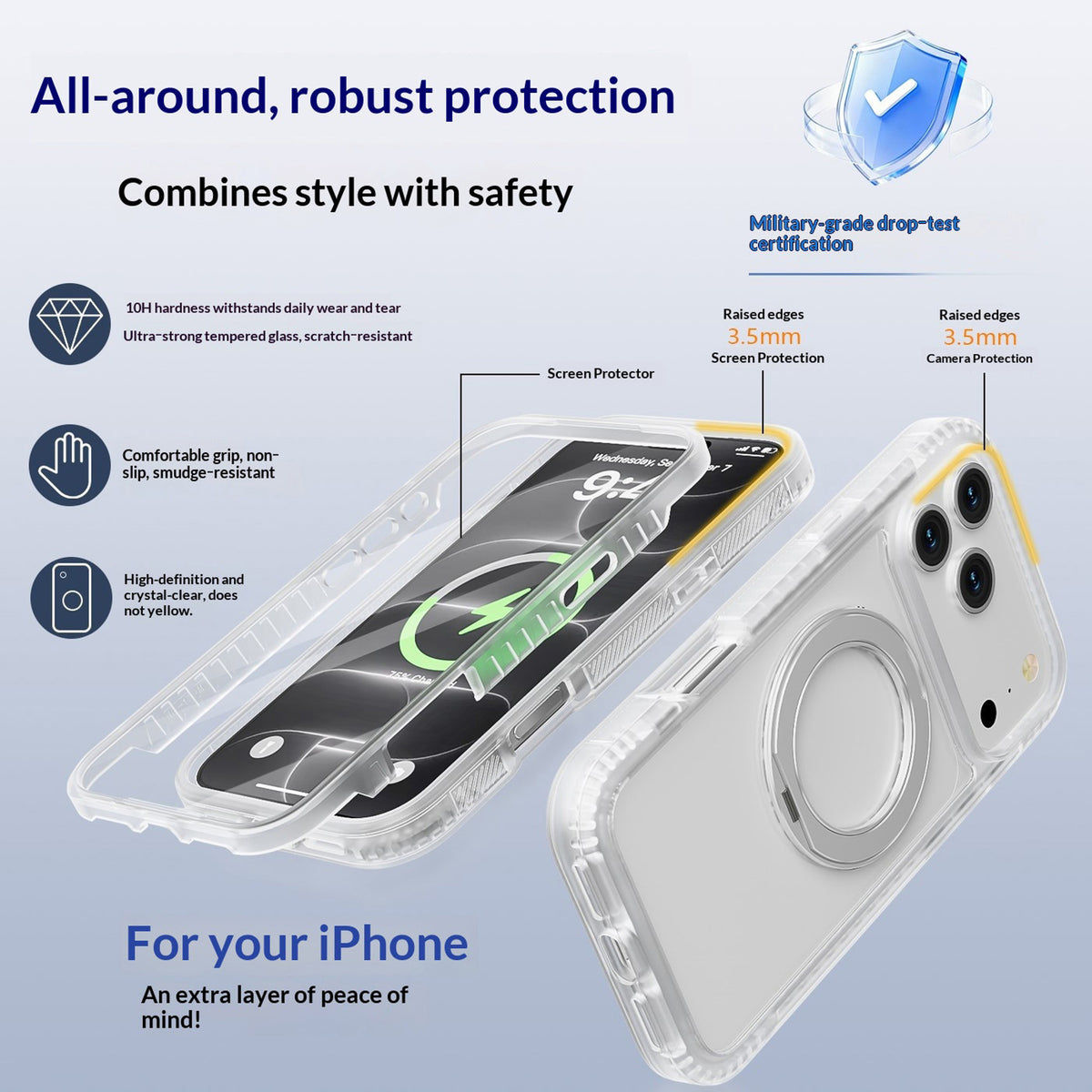 iPhone 18 Pro / 17 Pro EIDERWOOD Case with Screen Protector and Stand Function - MagSafe Compatible - White / Transparent