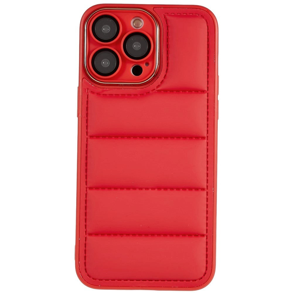 iPhone 14 Pro Leather Covered 3D Plastic Back Case w. Camera Lens Protection - Red