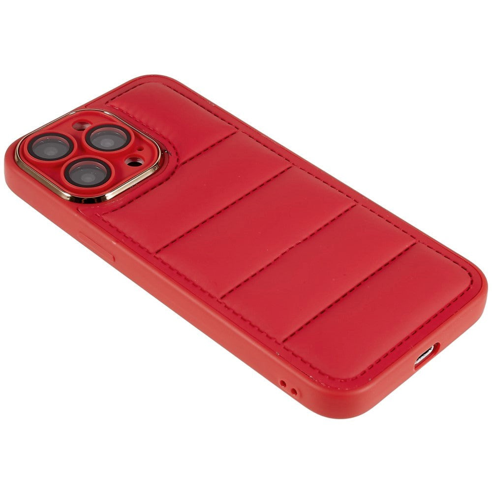 iPhone 14 Pro Leather Covered 3D Plastic Back Case w. Camera Lens Protection - Red