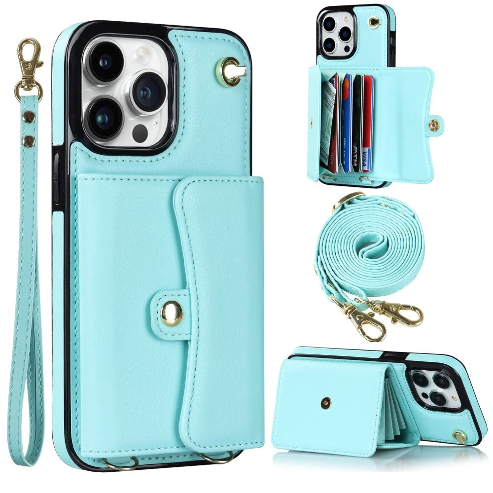 iPhone 14 Pro Leather-Covered Plastic Case w. Wallet and Strap - Light Blue