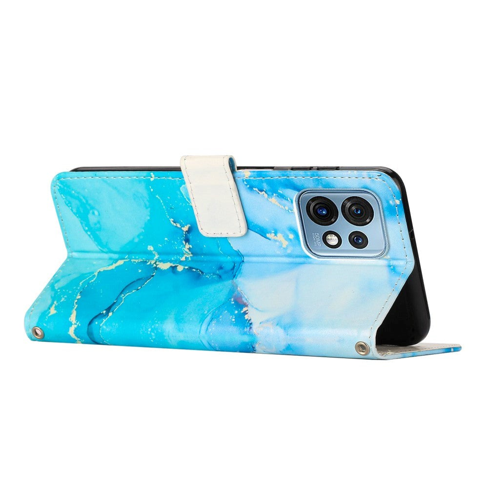 Motorola Edge 40 Pro Leather Flip Case w. Wallet & Strap - Marble - Turquoise / Blue