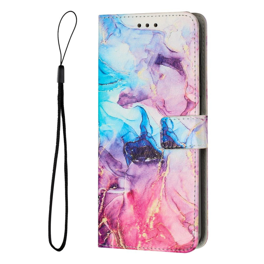 Motorola Edge 40 Pro Leather Flip Case w. Wallet & Strap - Marble - Blue / Pink / Purple