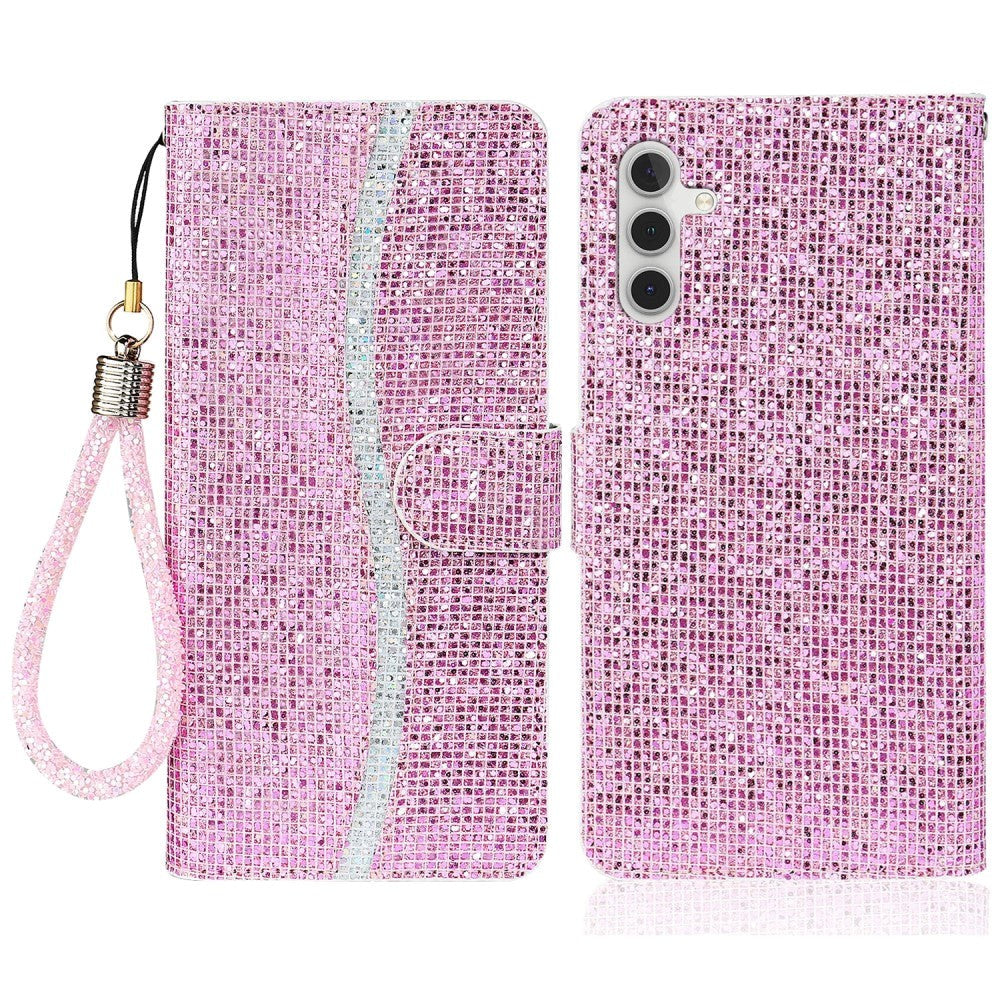 Samsung Galaxy A24 PU Leather Flip Case with Wallet & Strap - Glitter Design - Pink