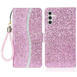 Samsung Galaxy A24 PU Leather Flip Case with Wallet & Strap - Glitter Design - Pink