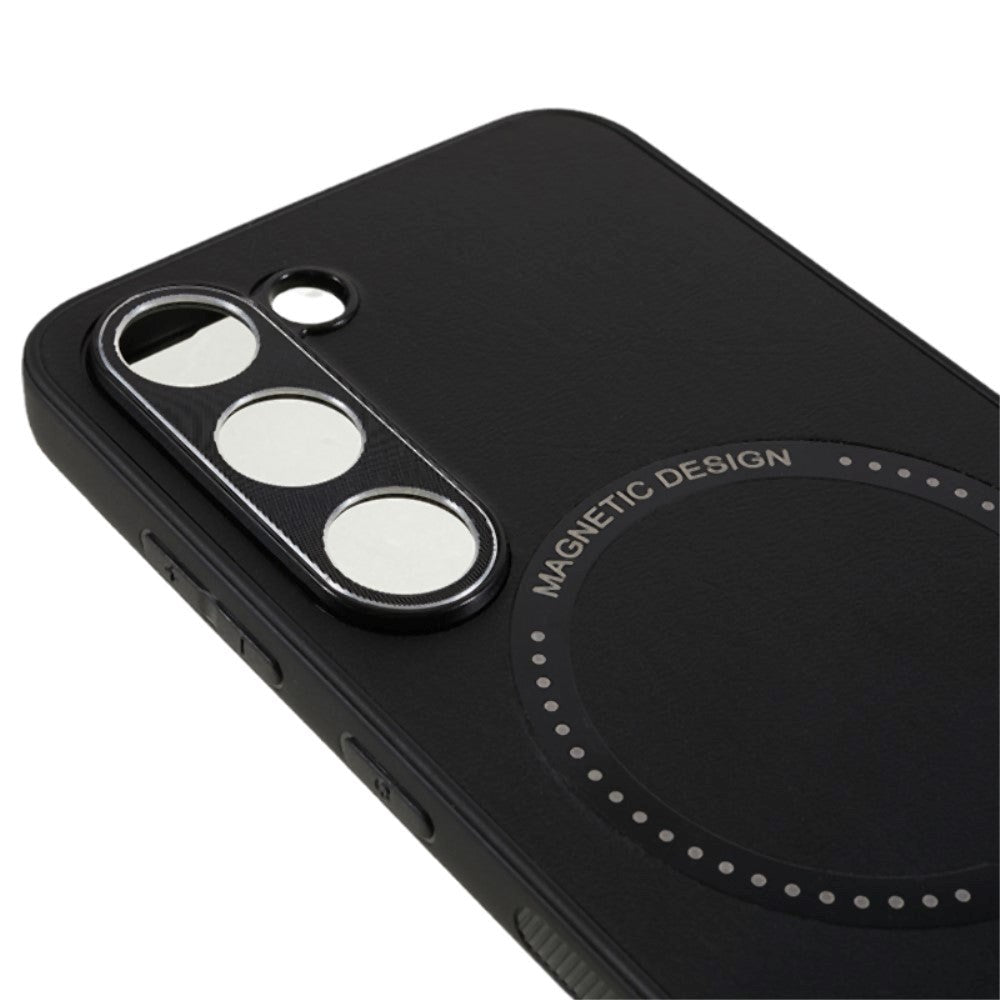 Samsung Galaxy S23 Flexible Magnetic Plastic Back Cover with Leather Covering - Black