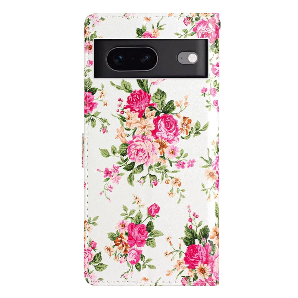 Google Pixel 7 PU Leather Flip Case w. Wallet and Strap - Flowers