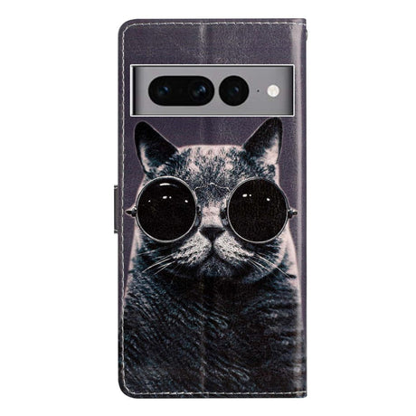 Google Pixel 7 Pro PU Leather Flip Case w. Wallet and Strap - Cat with Glasses