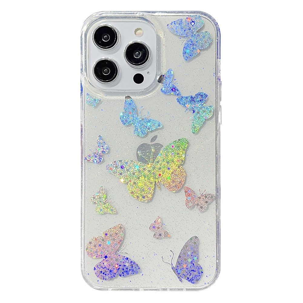 iPhone 14 Pro Hybrid Glitter Plastic Case - Butterflies