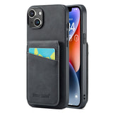 iPhone 14 Leather Covered Plastic Case w. Card Holders and Stand Function - Black