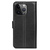 iPhone 15 Pro Litchi Leather Case w. Wallet - Black