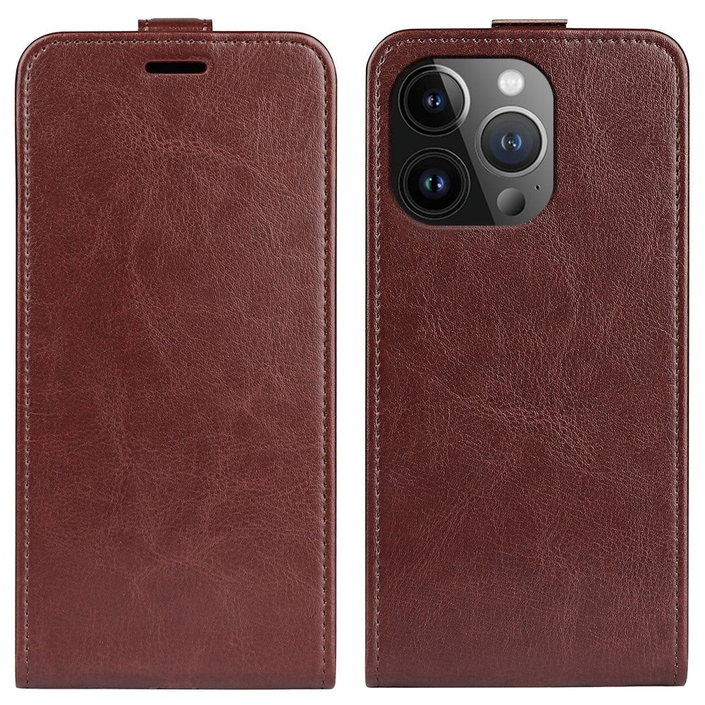 iPhone 15 Pro Vertical Leather Flip Cover w. Card Holder - Brown