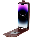 iPhone 15 Pro Vertical Leather Flip Cover w. Card Holder - Brown