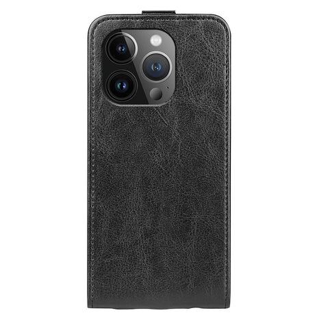 iPhone 15 Pro Vertical Leather Flip Cover w. Card Holder - Black