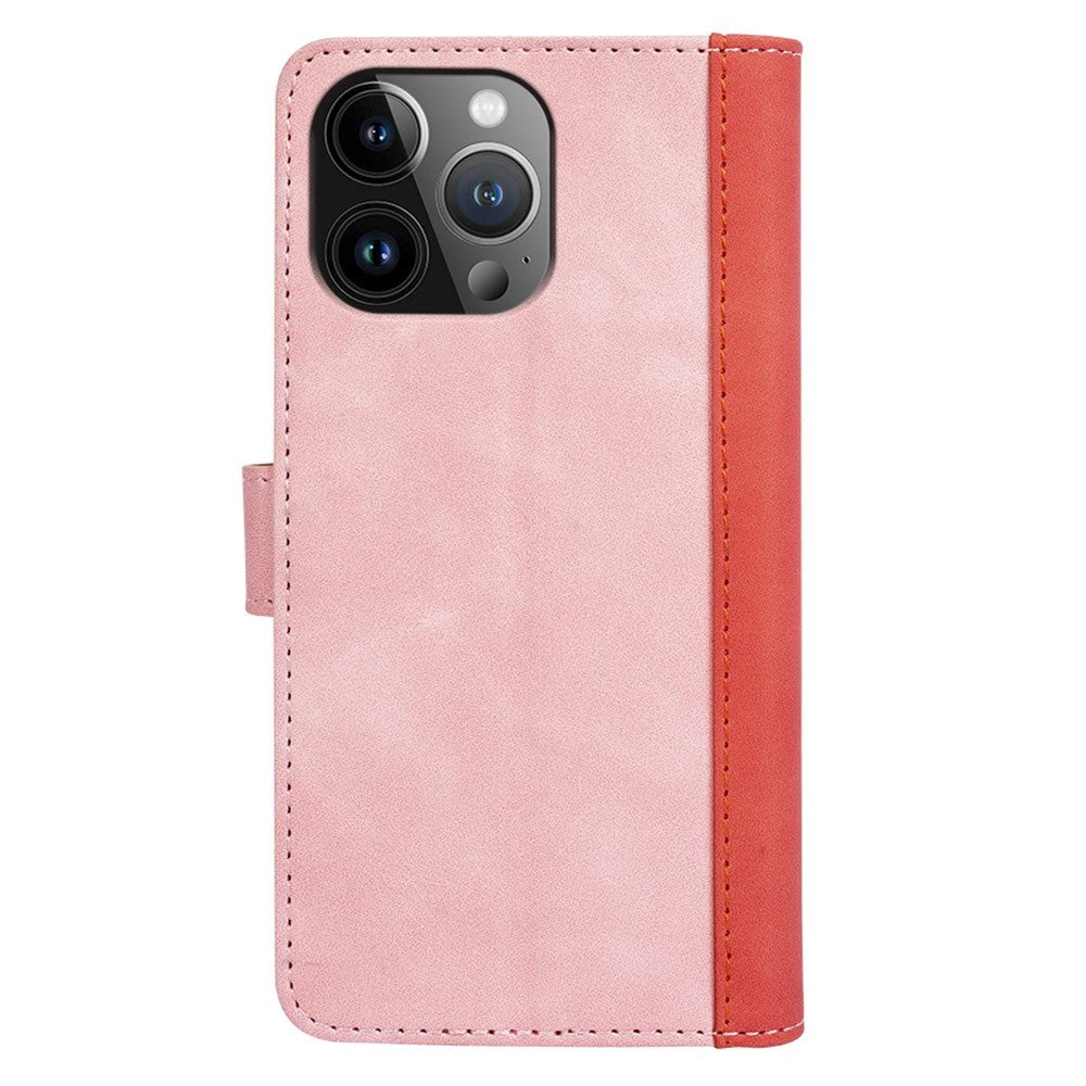 iPhone 15 Pro Multicolored Leather Flip Case with Card Holder - Pink / Red