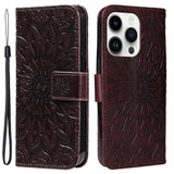 iPhone 15 Pro Leather Case with Wallet and Strap - Mandala Flower - Dark Brown