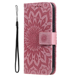 iPhone 15 Pro Leather Case with Wallet and Strap - Mandala Flower - Pink