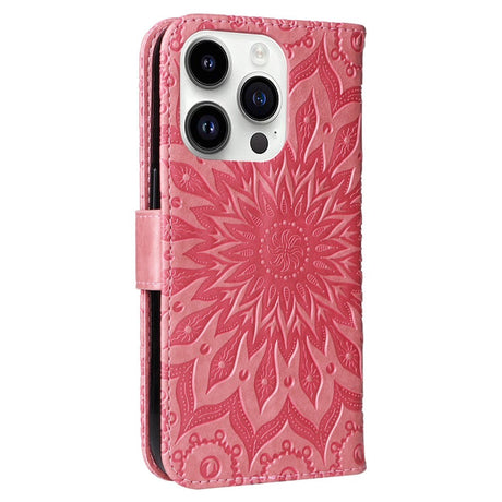 iPhone 15 Pro Leather Case with Wallet and Strap - Mandala Flower - Pink