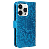 iPhone 15 Pro Leather Case with Wallet and Strap - Mandala Flower - Blue