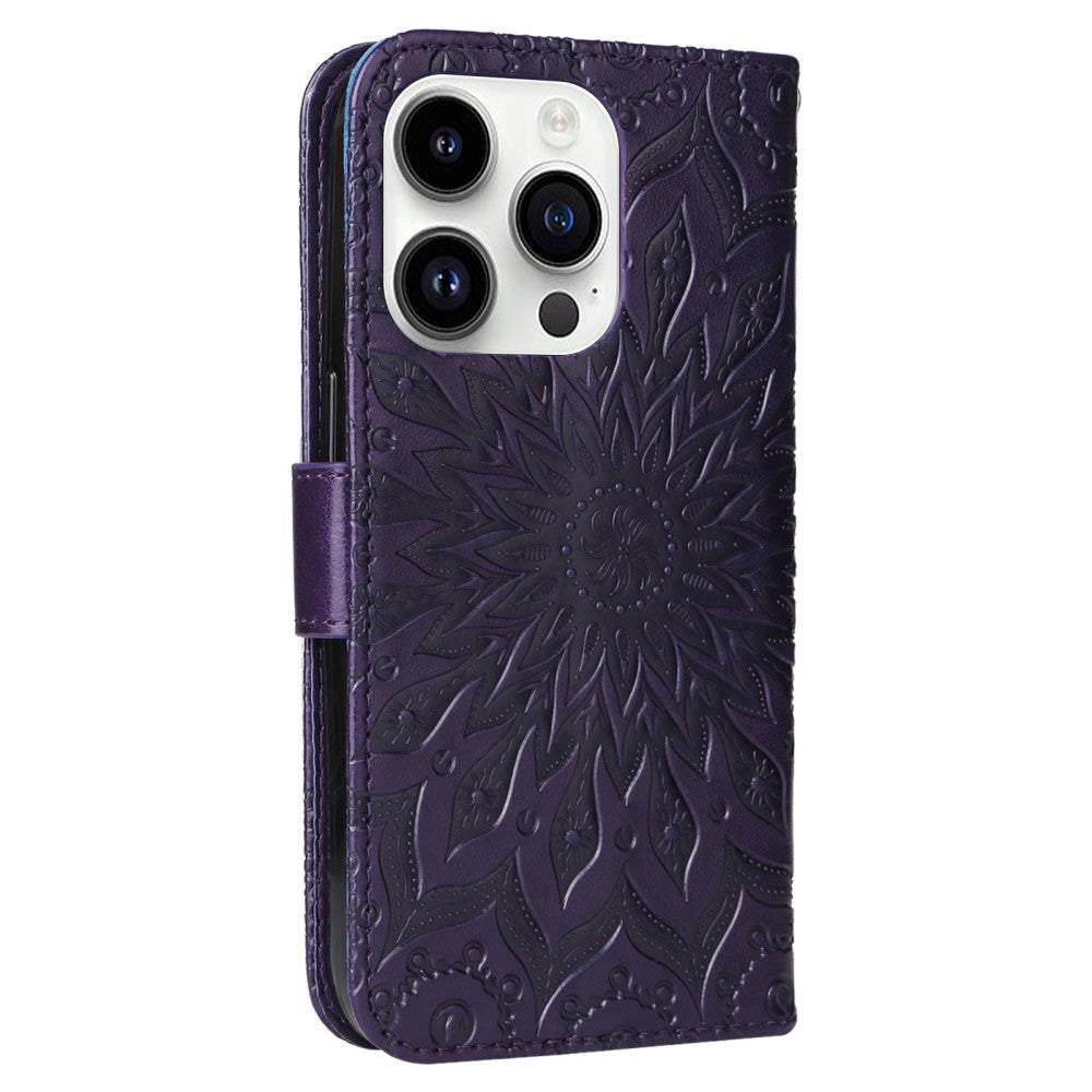 iPhone 15 Pro Leather Case with Wallet and Strap - Mandala Flower - Purple