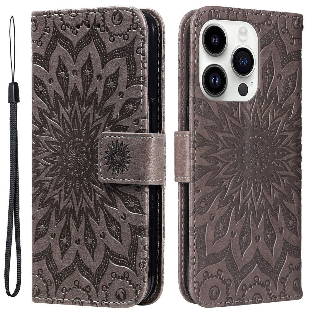 iPhone 15 Pro Leather Case with Wallet and Strap - Mandala Flower - Brown