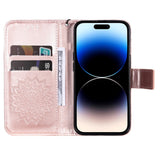 iPhone 15 Pro Leather Case with Wallet and Strap - Mandala Flower - Rose Gold