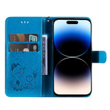 iPhone 15 Pro Leather Flip Case with Wallet and Strap - Cat Engraving - Blue