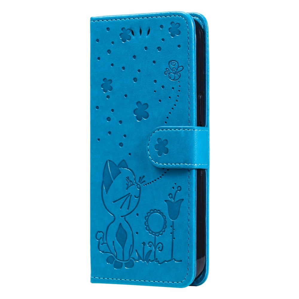 iPhone 15 Pro Leather Flip Case with Wallet and Strap - Cat Engraving - Blue