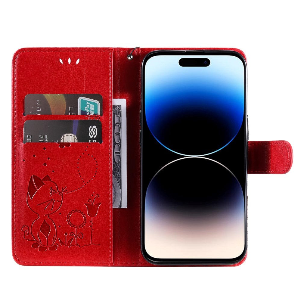 iPhone 15 Pro Leather Flip Case with Wallet and Strap - Cat Engraving - Red