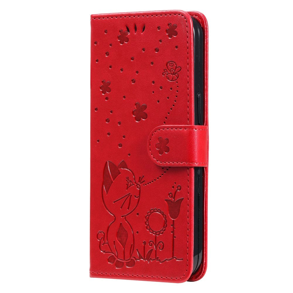 iPhone 15 Pro Leather Flip Case with Wallet and Strap - Cat Engraving - Red