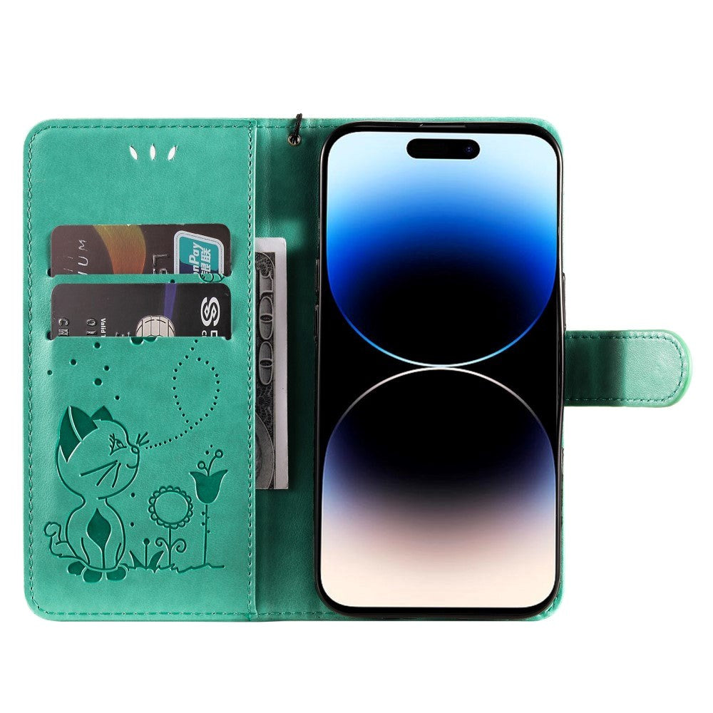 iPhone 15 Pro Leather Flip Case with Wallet and Strap - Cat Engraving - Green