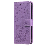 iPhone 15 Pro Leather Flip Case with Wallet and Strap - Cat Engraving - Purple