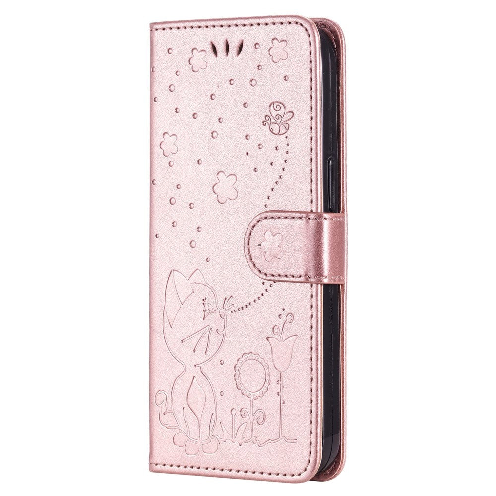 iPhone 15 Pro Leather Flip Case with Wallet and Strap - Cat Engraving - Rose Gold