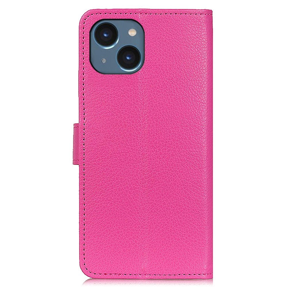 iPhone 15 Litchi Leather Case w. Wallet - Pink