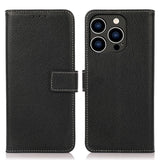 iPhone 15 Pro Litchi Leather Flip Cover w. White Stitches and Wallet - Black