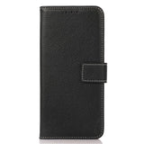 iPhone 15 Pro Litchi Leather Flip Cover w. White Stitches and Wallet - Black