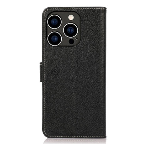 iPhone 15 Pro Litchi Leather Flip Cover w. White Stitches and Wallet - Black