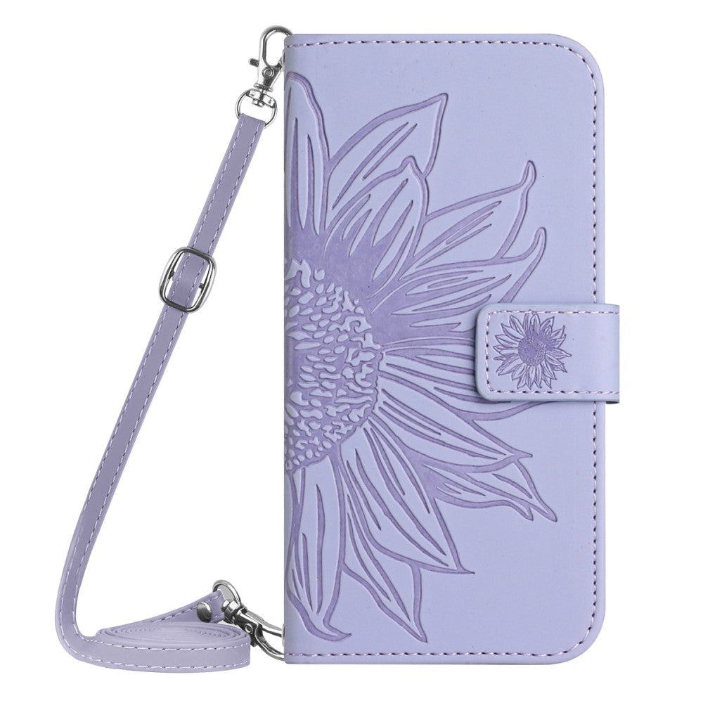 iPhone 15 Pro Wallet Case w. Strap - Sunflower Engraving - Light Purple