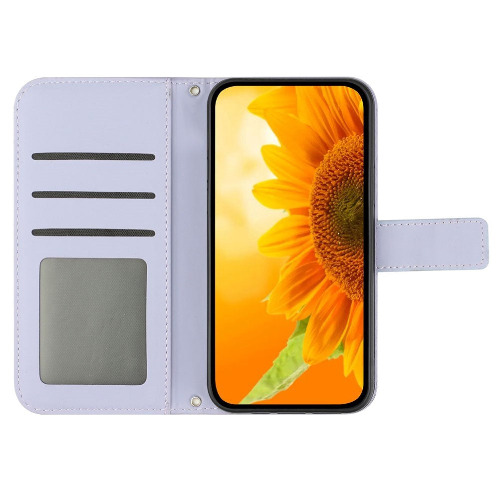 iPhone 15 Pro Wallet Case w. Strap - Sunflower Engraving - Light Purple